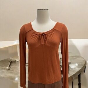 Rust Orange XXL Long Sleeve Top Tie Peasant Boho Casual Rustic Fall Comfy Trendy